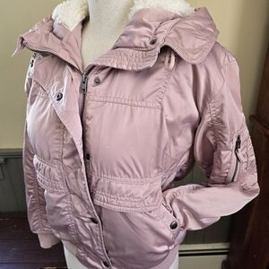 American Eagle Outfitters Light Pink Bomber Jacket with Faux Fur Collar